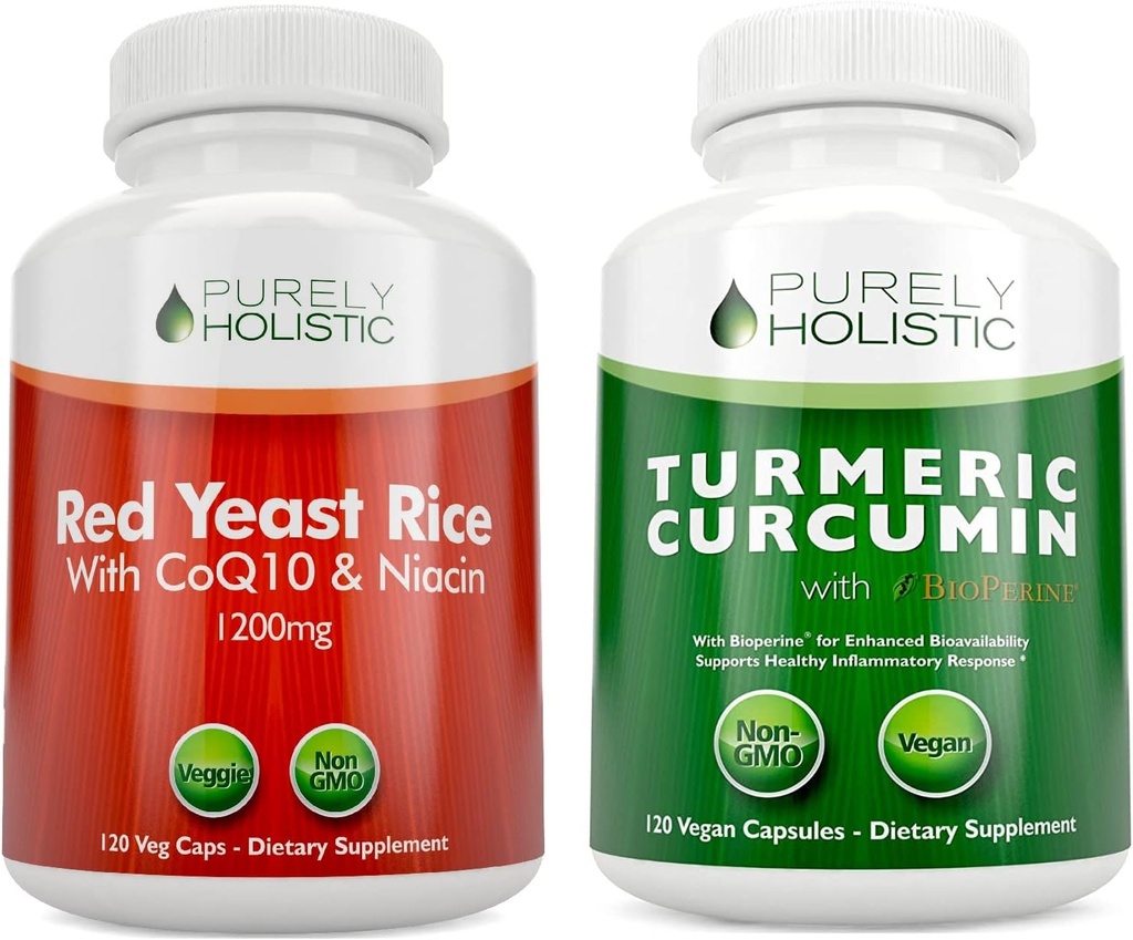 Red Yeast Rice 1200mg & Niacin + Organic Turmeric Curcumin 700mg & Bioperine Providing 95% Curcuminoids - 240 Vegetarian Capsules