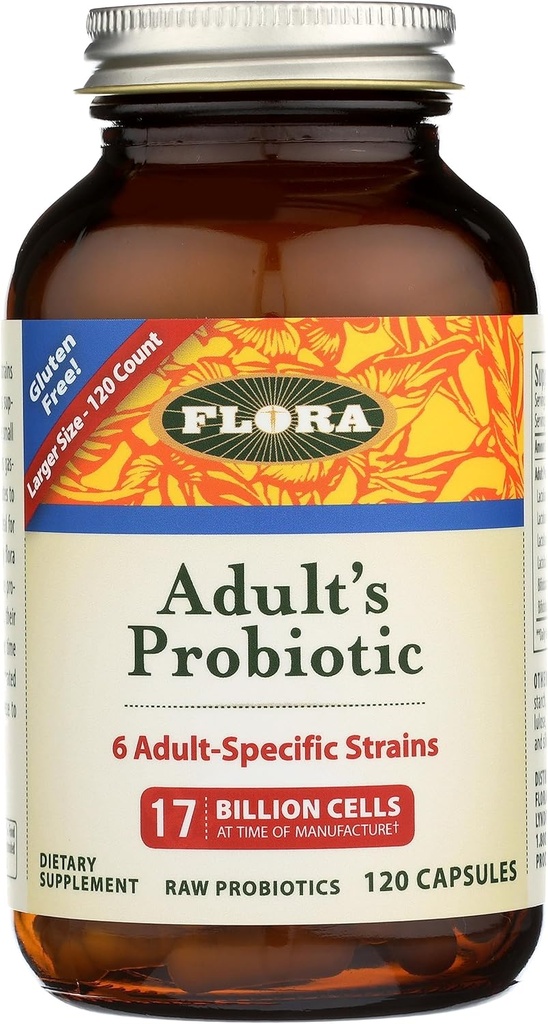 Flora - Adult's Probiyotik Mix, Six Adult-Specific Strains, Gluten Free, Raw Probiyotik with 17 Milyar Hücre, 120 Vegetarian Capsules