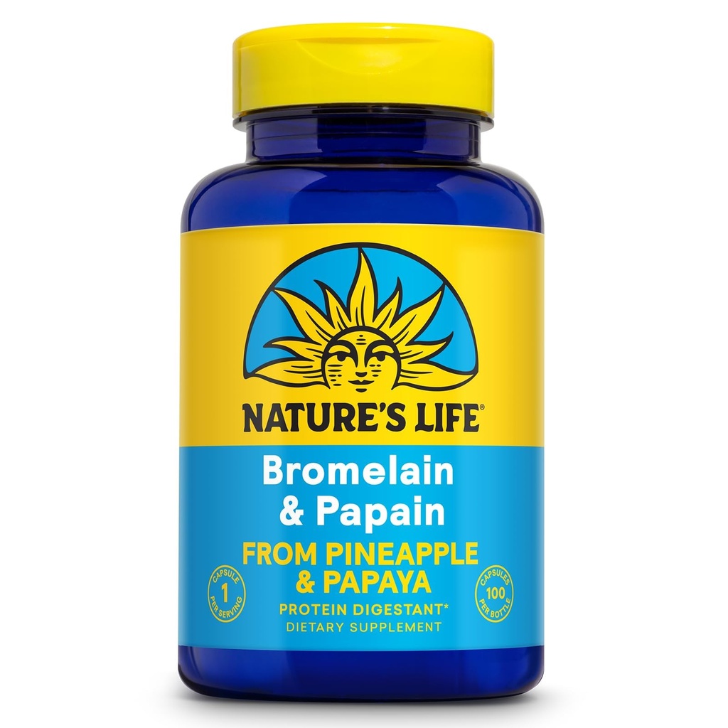 Nature's Life Bromelain & Papain | Proteolytic Enzymes for Digestive Support & Comfort | Pineapple & Papaya | 250mg Ea | 100 Vegetarian Capsules