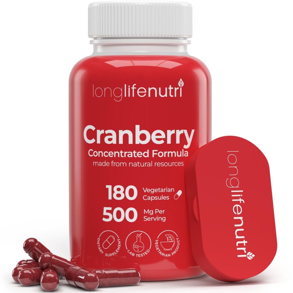 LongLifeNutri Cranberry Extract with Vitamin C & E - Pure Concentred Formula, 500mg per Serving, 180 κάψουλες χορτοφάγων, ούρα Φυλλαδική Υγεία & Φλογέρα, 6 Μήνες Προμήθεια, Made in USA
