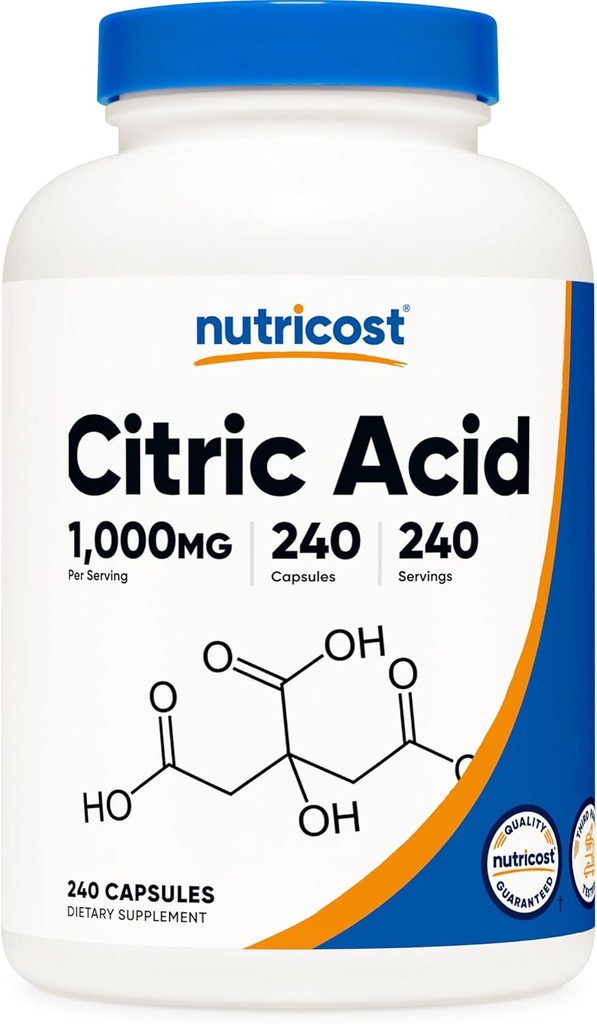 Nutricost Κιτρικό Οξύ 1000mg (1 γραμμάριο), 240 Κάψουλες - Χωρίς γλουτένη, Μη ΓΤΟ