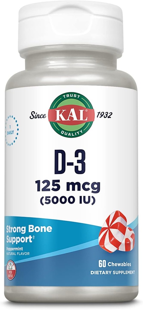 KAL Βιταμίνη D3 5000 IU 125 mcg, Υψηλής ισχύος Βιταμίνη D Μασώμενα, Απορρόφηση ασβεστίου, Υγεία των οστών και ανοσοποιητικό συμπλήρωμα υποστήριξης, Φυσικό άρωμα μέντας, 60 ημερών εγγύηση, 60 μερίδες, 60 μάσημα