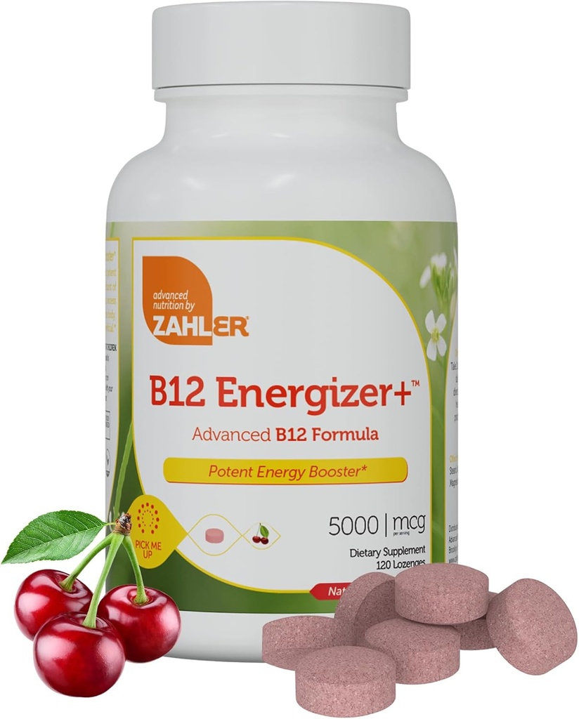 Zahler Energizer+ B12-5000 mcg Vitamin B12 - Natural Cherry Flavor Dissolvable Lozenges - Kosher Gluten Free Non-GMO B12 Vitaminleri 5000 mcg, Energy Boost, Made in USA (120)