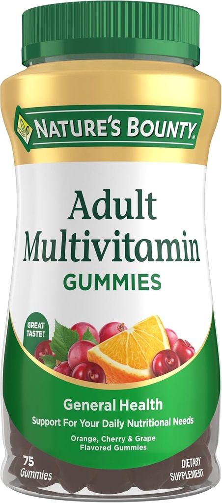Nature's Bounty Adult Multivitamin Gummies, Vitamin Tamam, Günlük Beslenme İhtiyaçları, Orange, Cherry ve Grape Flavor, 75 Gummies