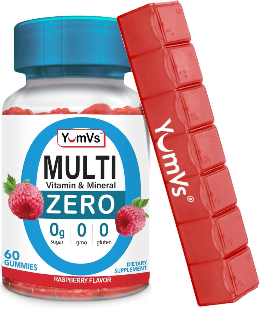 YUM-V'S Multivitamin Zero Gummies Tarafından YumVs | Kadınlar ve Erkekler için Şekersiz Vitaminler Tamam, Thiamine ve Magnezyum | Doğal Raspberry Flavor Chewables - 60 Kont - Red Pillbox