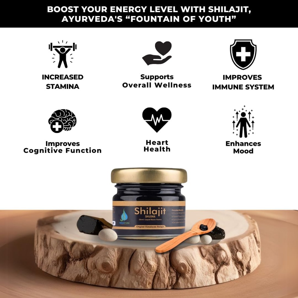 Vedapure Purest Himalaya Shilajit Wear% 100 Pure Shilajit with Fulvic Acid & 85+ Trace Minerals Kompleksi Enerji ve Immune Desteği, 15 Grams