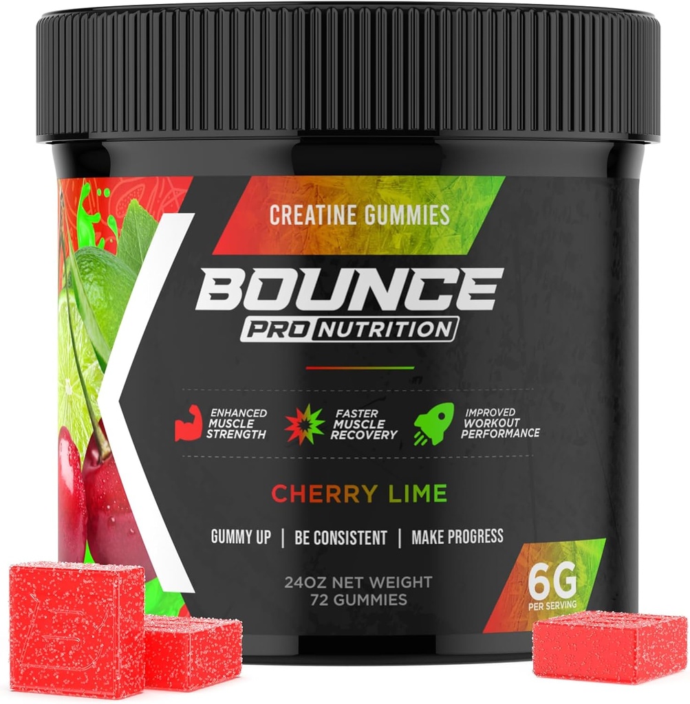 Bounce Pro Kretine Monohidrat Gummies for Men & Women, Low Calorie, 6G of Kretine per Service, Vegan, Anti-Melting, Gluten-Free, Non-GMO, 2g of Tinatine per Gummy (72ct, Cherry Lime)