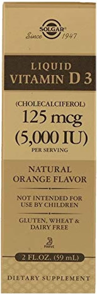 Solgar Liquid Vitamin D3 125 mcg (5,000 IU) - 2 fl oz - Νοστιμότατο, φυσικό άρωμα πορτοκαλιού - βοηθά στη διατήρηση υγιή οστά & δόντια - Υποστήριξη ανοσοποιητικού συστήματος - Χωρίς γλουτένη, χωρίς γαλακτοκομικά, Kosher - 59 Σερβιέτες