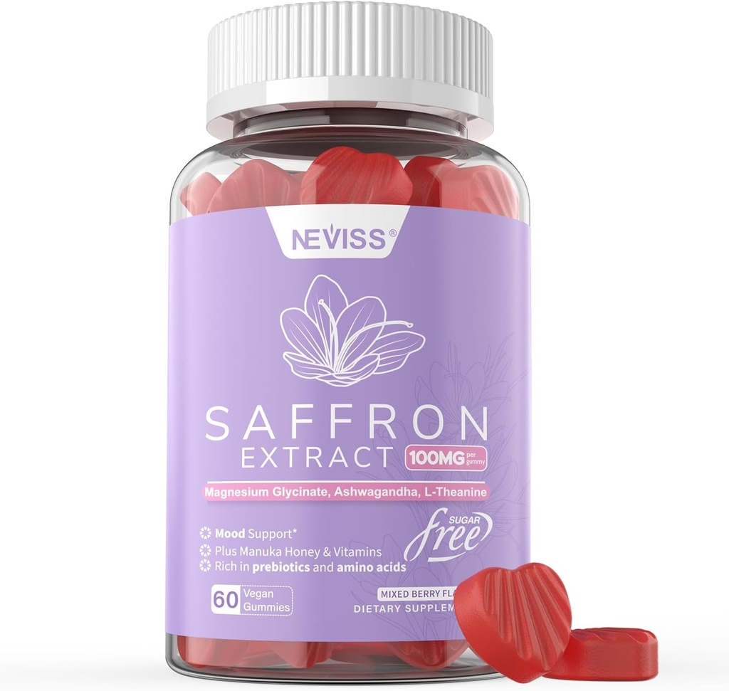 Saffron Supplements Gummies 100mg -% 100 Pure Saffron Extract with Magnezyum Glycinate, L-Theanine, Turmeric, Ashwagandha, Honey & Vitamin B Kompleksi Mood & Power, Antioksisite