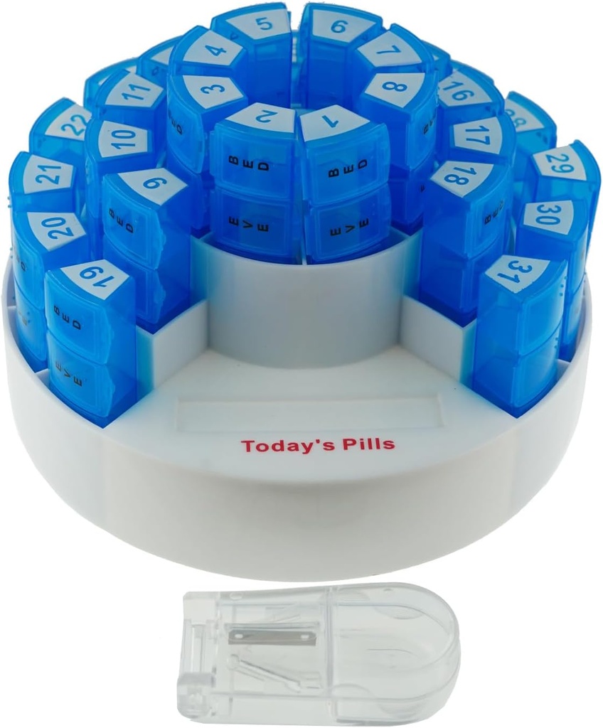 Deke Home - 31 Day Monthly Pill Organizer XL with Pill Cutter, BPA-Free, 4 Times a Day (AM PM), Large Pill Box for Multiple Daily Doses, Removable Compartments, Hard Case Travel Dispenser
