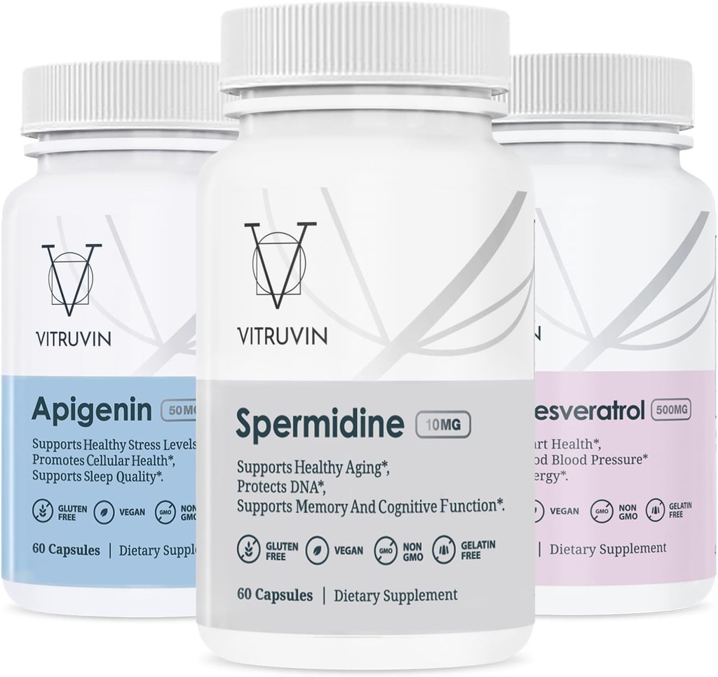 Vitruvin Longevity Plus (Spermidine 2x10 mg, Apigenin 2x50 mg, Resveratrol 500 mg + Piperine 5 mg) Vegan, Non-GMO, Gluten-Free, Gelatin-Free.