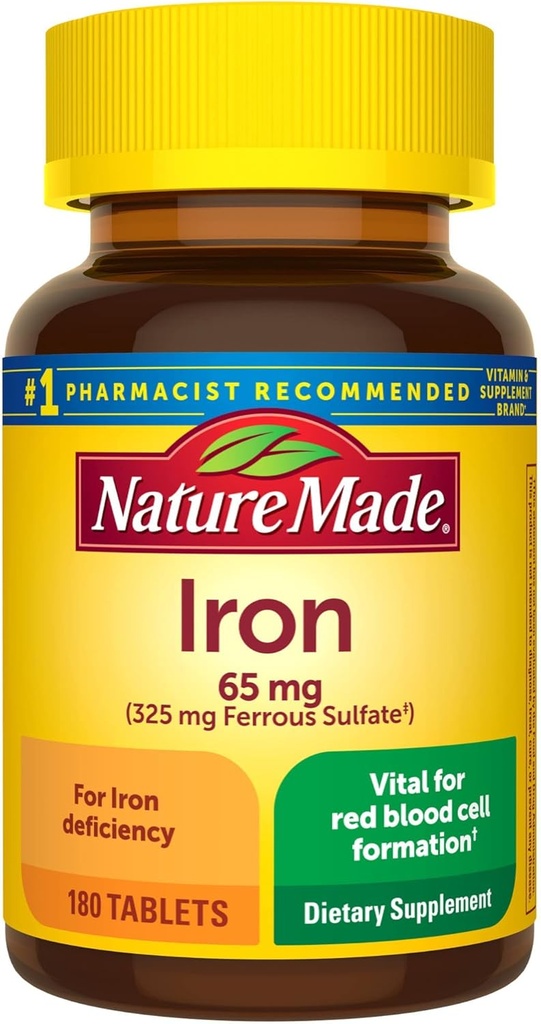 Nature Made Iron 65 mg (325 mg Ferrous Sulfate) Red Blood Hücre Desteği 180 Tabletler için Diyetsel Tamam ( 1)?