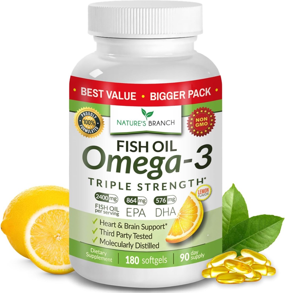 En İyi Triple Strength Omega 3 Fish Oil Pills - 180 Capsules - 2400 mg High Potency Burpless Lemon Flavor 864mg EPA 576 mg DHA Ultra Pure Liquid Softgels for Brain Joints Eyes Heart Health Supplement