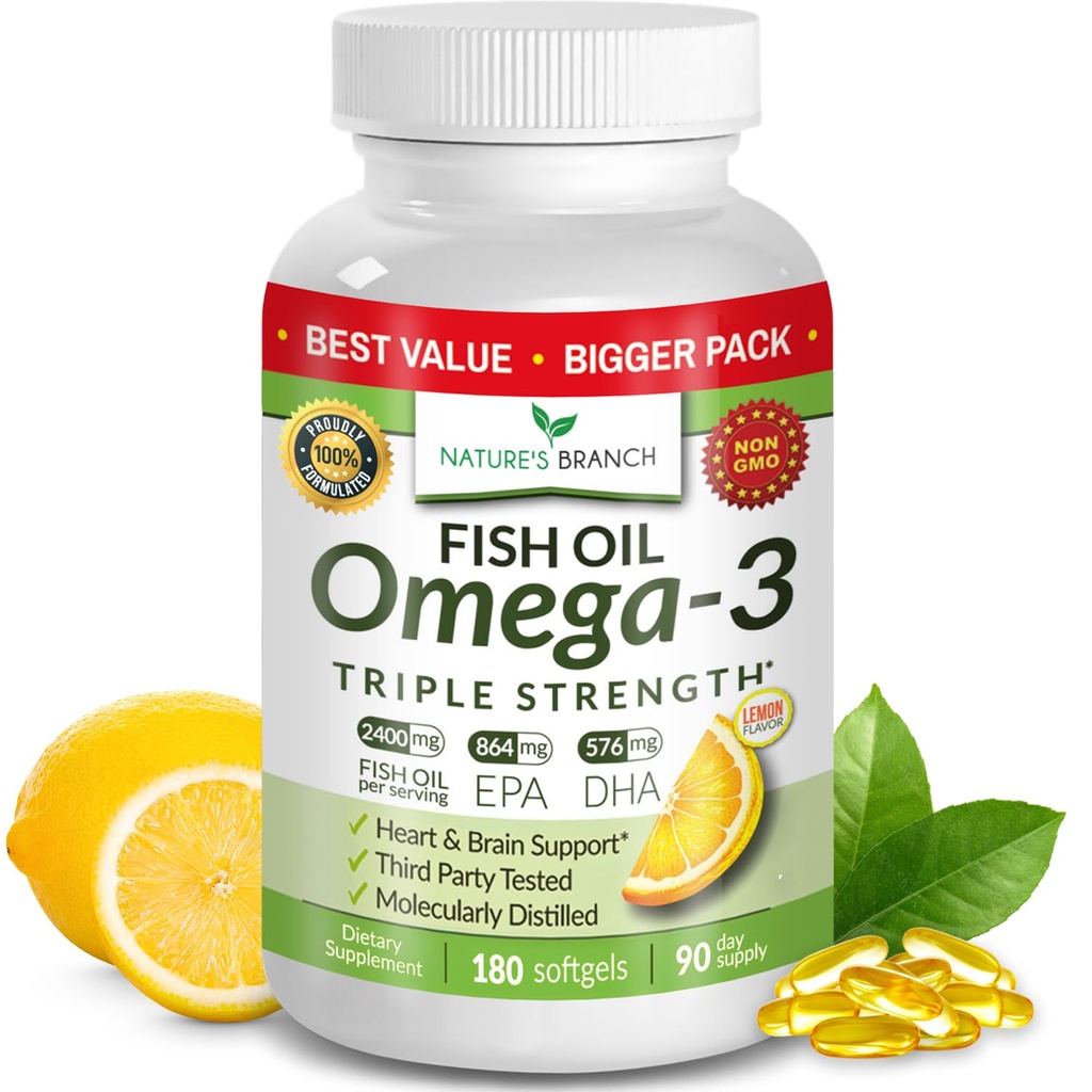 En İyi Triple Strength Omega 3 Fish Oil Pills - 180 Capsules - 2400 mg High Potency Burpless Lemon Flavor 864mg EPA 576 mg DHA Ultra Pure Liquid Softgels for Brain Joints Eyes Heart Health Supplement