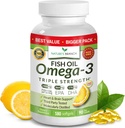 En İyi Triple Strength Omega 3 Fish Oil Pills - 180 Capsules - 2400 mg High Potency Burpless Lemon Flavor 864mg EPA 576 mg DHA Ultra Pure Liquid Softgels for Brain Joints Eyes Heart Health Supplement