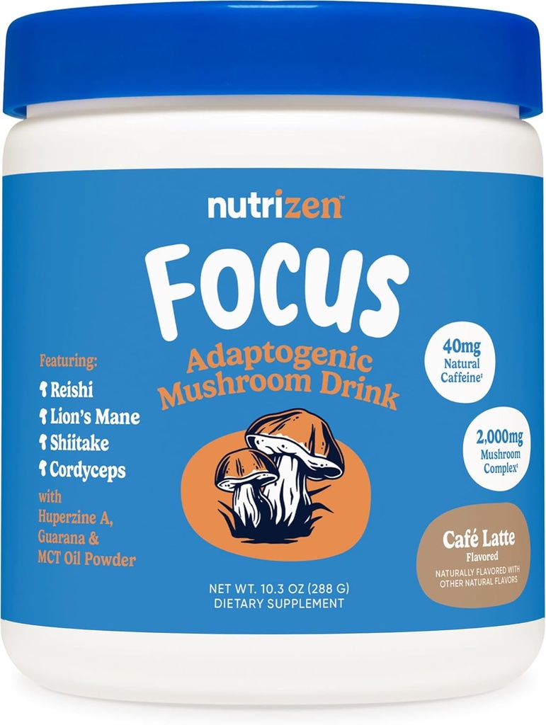 Nutricost Nutrizen AM Focus Adaptogenic Mushroom Drink (Cafe Latte Flavored) 30 Σερβιτόρες - Περιλαμβάνει Reishi, Lion's Mane, Shiitake, Cordyceps