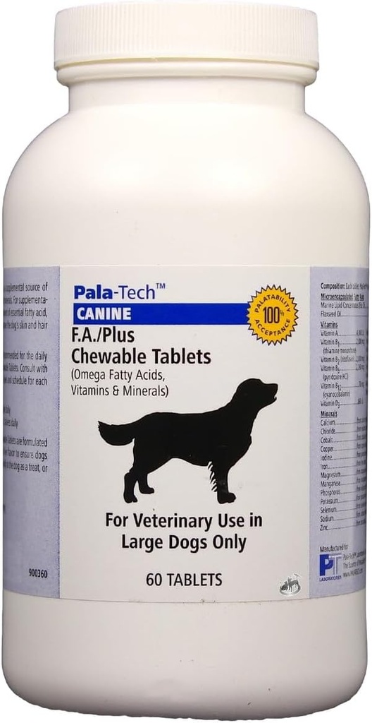 Pala-Tech FA Plus Chew Tabs for Large Dogs - Supports Skin, Coat & Anti Allergy Relief - Dog Vitamins and Supplements with Omega-3 & 6 Fatty Acids - 60 Ct, Roast Beef Flavor