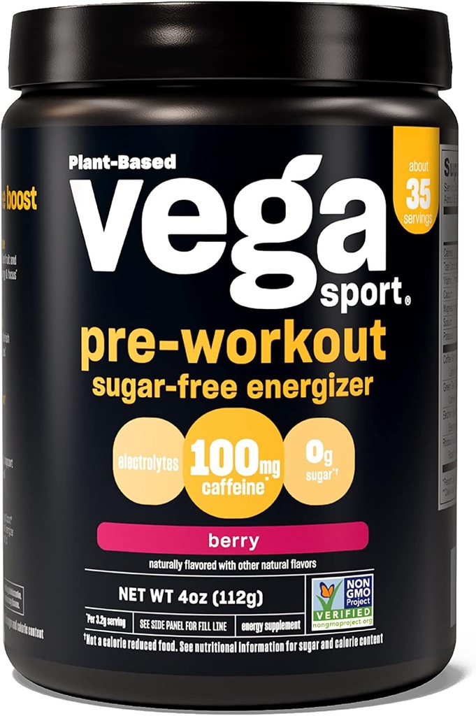 Vega Sport Ζάχαρη δωρεάν πριν την προπόνηση energizer, Berry - Pre προπόνηση σκόνη για γυναίκες & άνδρες, υποστηρίζει την ενέργεια και εστίαση, ηλεκτρολύτες, Vegan, Keto, χωρίς γλουτένη, μη ΓΤΟ, 4 oz