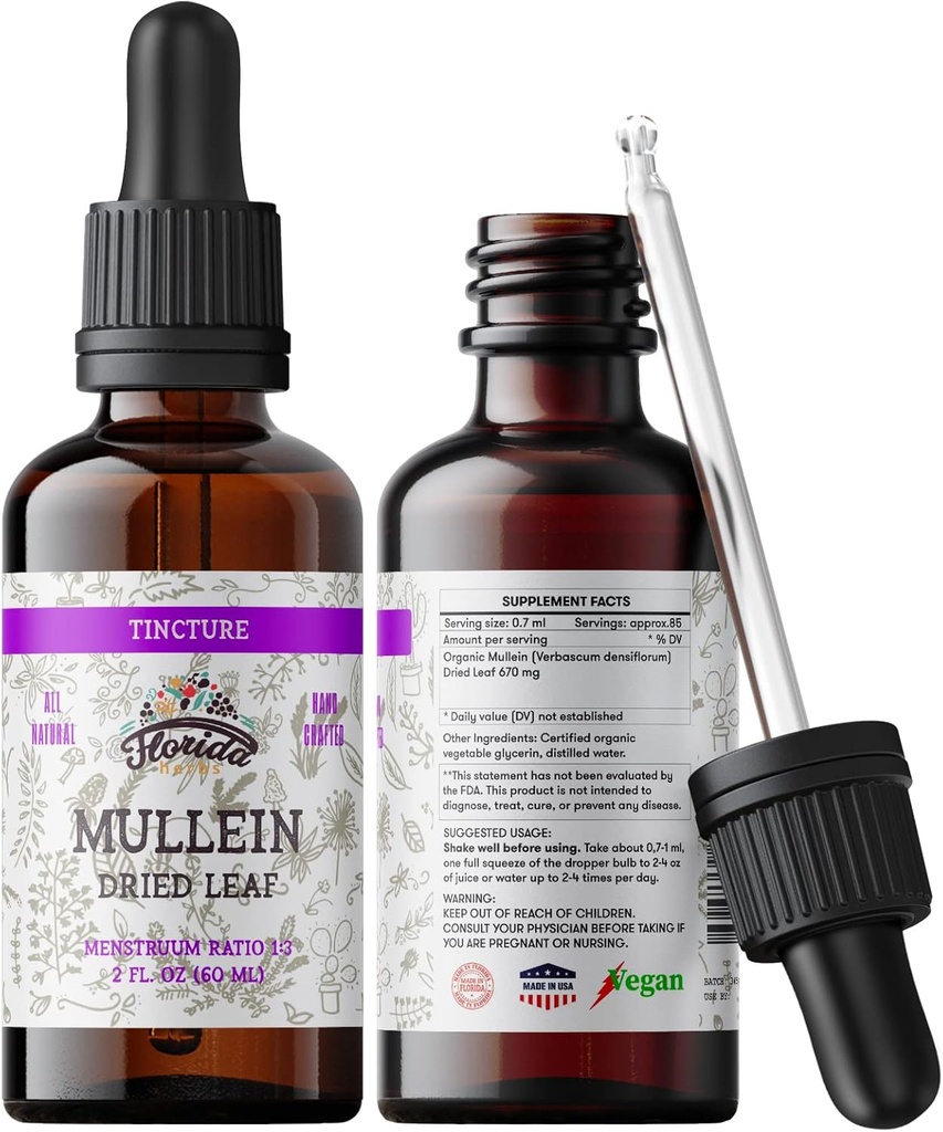 Mullein Tincture Extract, Organic Mullein (Verbascum densiflorum) Kuru Yaprak Soğuk-Basın Sebze Glycerin 670 mg