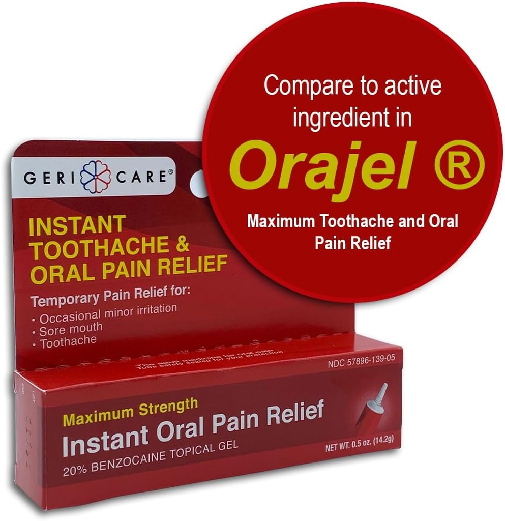 GeriCare Benzocaine 20% Μέγιστη δύναμη Οδοντόκρεμα & στοματικό άμεσο πόνο ανακούφιση Gel 0.5 oz. Γρήγορος-δραστηριοποιώντας θεραπεία πόνου για Toothaches, ερεθισμός ούλων, ευαισθησία & πληγές του στόματος, (Pack of 1)