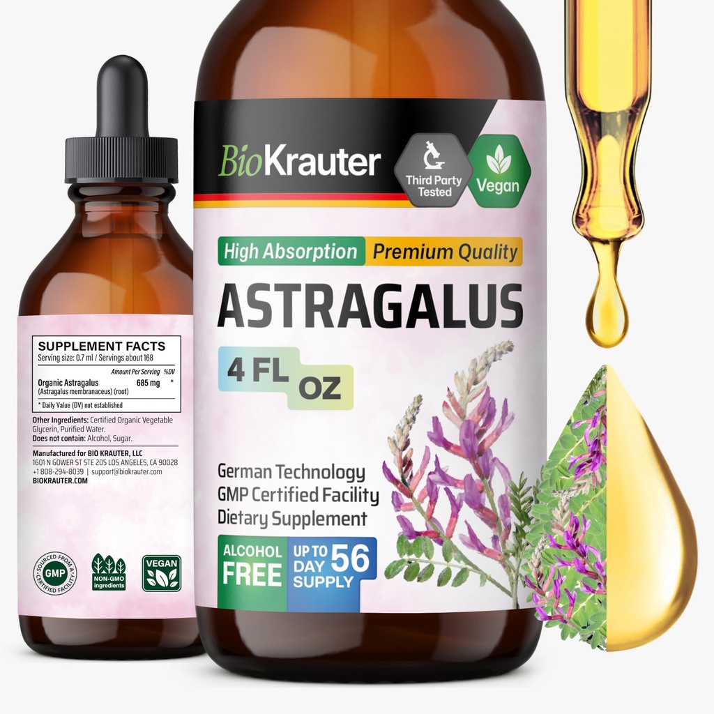 BIO KRAUTER Astragalus Tincture - Immune Support için Astragalus Kökleri - Alkol ve Şeker Ücretsiz - Yüksek Abhidrorpsiyon - Vegan 4 Fl.Oz.