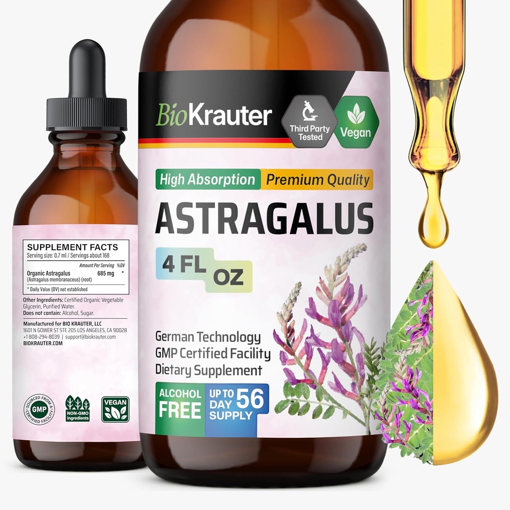 BIO KRAUTER Astragalus Tincture - Immune Support için Astragalus Kökleri - Alkol ve Şeker Ücretsiz - Yüksek Abhidrorpsiyon - Vegan 4 Fl.Oz.