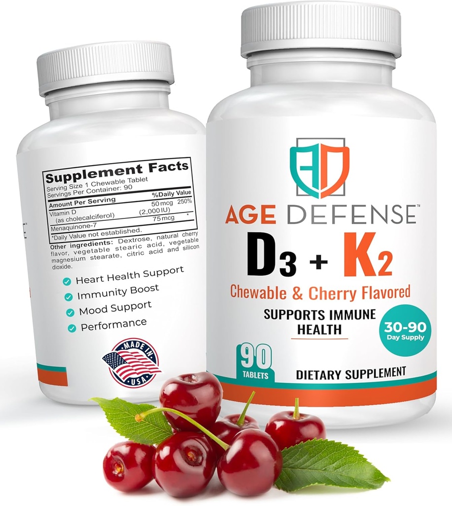 D3 2000 I with K2-90 Chewable Tablets with Cherry Flavoring-Doğal Enerji ATM- Supports Vitality, Immune Health, & General Wellness-Vitamin D3 with Vitamin K2 for Men & Women