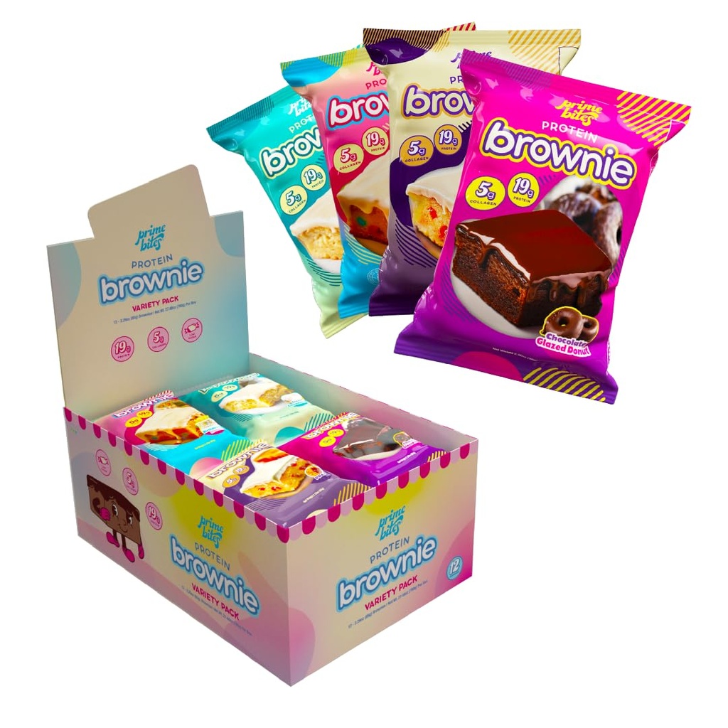 Prime Bites Protein Brownie Alfa Prime Supplements | Yüksek Protein, Collagen Forized Low Sugar Treat | Delicious Snack | 12 Bars per Box (Variety Pack)