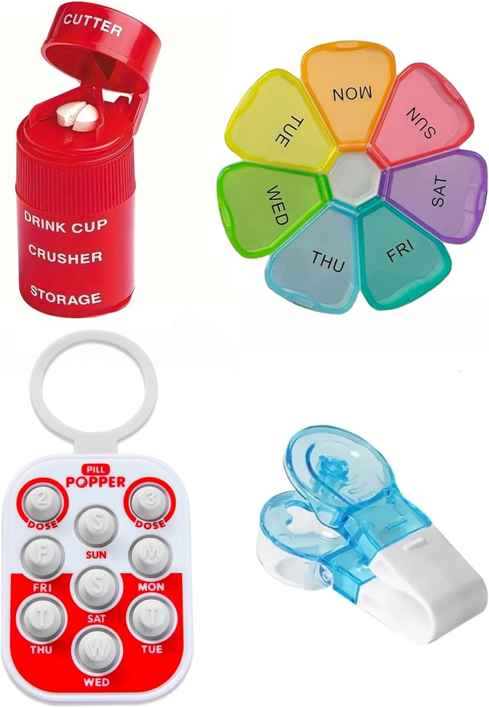 Ultimate Medication Accessories Bundle – Pill Popper Tracker, 4-in-1 Pill Cutter & Grinder, Easy Pill Remover, και Extra-Larly Weekly Pill Organizer – Ιδανικό για ηλικιωμένους & φροντιστές