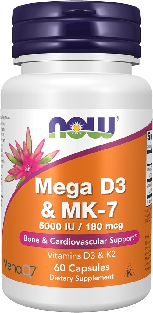 Şimdiye kadar Gıdalar, Mega D-3 & MK-7 Vitaminler D-3 & K-2, 5.000 IU/180 mcg, Bone & Cardiovascular Support*, 60 Veg Capsules