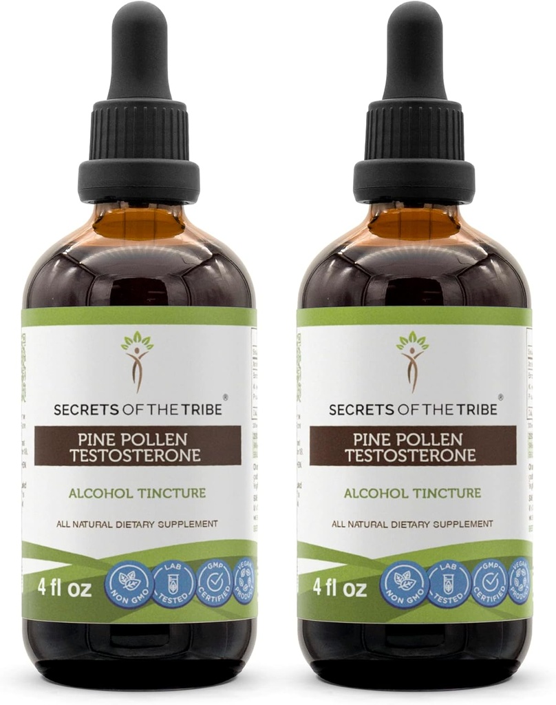 Secrets of the Tribe Pine Pollen Testosterone Tincture Alcohol Extract, Wildcrafted Pine Pollen (Scots Pine, Pinus sylvestris) Dried Pollen (2x4 FL OZ)