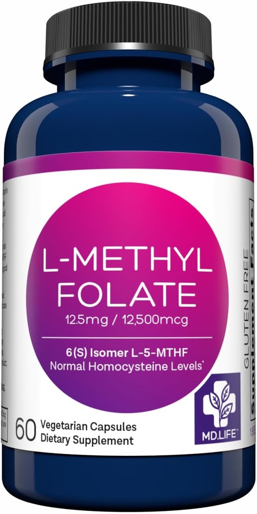 MD Life L-Methylfolate 12.5 mg Supplement - Profesyonel-Grade Active L Torchfolate Supplement - 60 Capsules - L-Methylfolate 12.5 mg - maksimum Potency MTHFR W /Esential