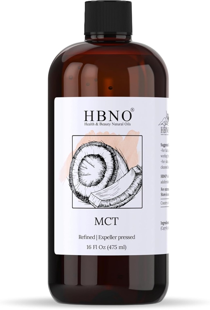HBNO California Şişeli Coconut Mct Oil 16 fl oz (475 ml) Değer Boyutu - Doğal Mct Oil, Cold Pressed - Masaj, Aromaterapi - Face için ideal, Body, Lips, & Hair