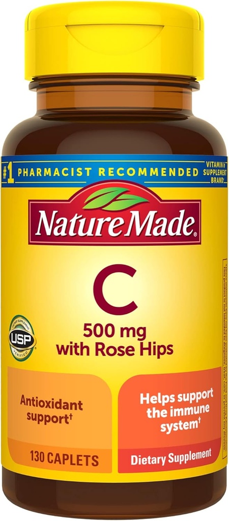 Nature Made Vitamin C 500 mg with Rose Hips, Συμπλήρωμα διατροφής για ανοσοποιητική υποστήριξη, 130 Caplets, 130 Day Supply