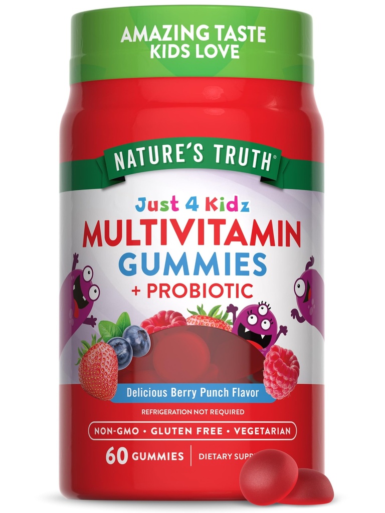 Nature's Truth Kids Multivitamin Gummies with Probiyotiks | 60 Kont | Berry Yugun | Vegetarian, Non-GMO, and Gluten Free Supplement Supplement