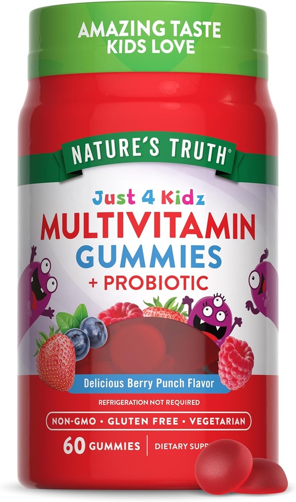 Nature's Truth Kids Multivitamin Gummies with Probiyotiks | 60 Kont | Berry Yugun | Vegetarian, Non-GMO, and Gluten Free Supplement Supplement