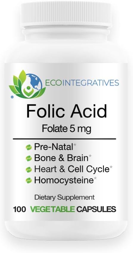 Folic Acid Folate 5 mg (B9) Prenatal, Reproductive Health, Homocysteine, Metabolism, Cardiovascular, Bone, Immune Support, Allergen Free, Non GMO - 100 Vegan Capsules