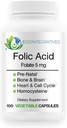 Folic Acid Folate 5 mg (B9) Prenatal, Reproductive Health, Homocysteine, Metabolism, Cardiovascular, Bone, Immune Support, Allergen Free, Non GMO - 100 Vegan Capsules