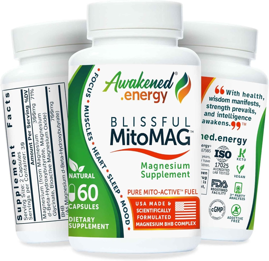 Blissful MitoMag – 300mg Elemental Magnesium Complex: Mg Glycinate, Mg BHB - Μύες ύπνου Mood Ενέργεια Γνωστική Εστίαση Ηρεμία – Όλα φυσικά, ΗΠΑ Κατασκευάζονται, Δεν Πρόσθετα – 60 Vegan Κάψουλες Συμπλήρωμα