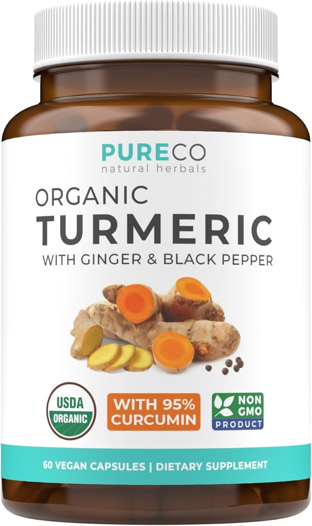 Organik Turmeric Ginger Black Pepper Supplement - Yüksek Potency Organik Turmeric Curcumin Capsules with Ginger & Black Pepper For Gelişmiş Faydaları ve Aborpsiyon - Vegan & Non-GMO (1 Ay Supply)