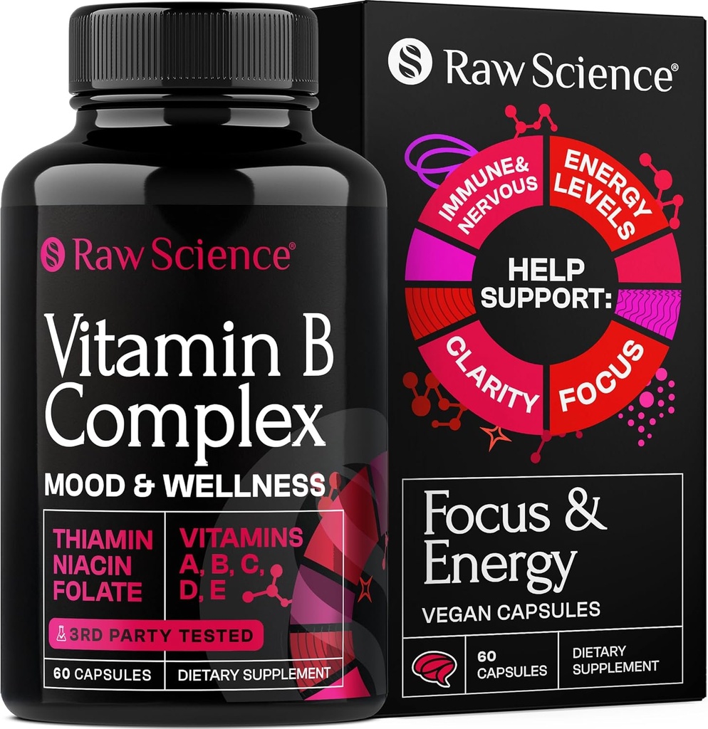 B Kompleks Kapsülleri - B Vitaminleri: B1 B2 B3 B5 B6 B7 B9 B12, Biotin, Folic Asit, C for Energy & Immune Support Supplement, Super B-Complex for Women & Men's Nervous System, 60 Capsules Nervous System, 60