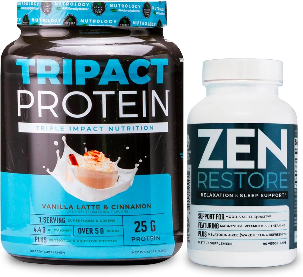 Nutrology TRIPACT protein Toz, 7-in-1 Mealchange Shake, Vanilla Latte Cinnamon Flavor (20 hizmet) Zen Natural Magnezyum Supplement (30 hizmet)
