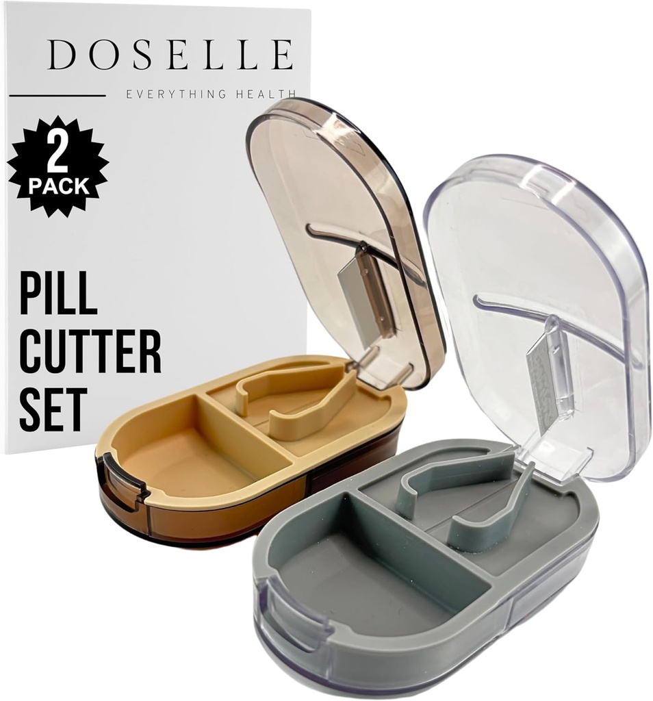 2PCS - Pill Cutter Splitter with Mini Pill Box – Pill Cutters for Small or Large Pills Professional – 4 Way Pill Splitter 1/4 - Pill Splitter with Centering Device – Gray & Brown