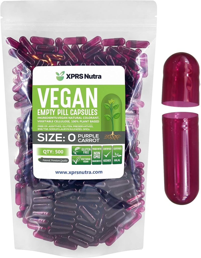 XPRS Nutra Μέγεθος 0 Κενές κάψουλες - 500 Count Empty Vegan Κάψουλες - Χορτοφαγικά Χάπια - DIY Καψάκιο Γέμισμα - Veggie χάπια για Do-It-Yourself Συμπληρώματα (Purple Carrot)
