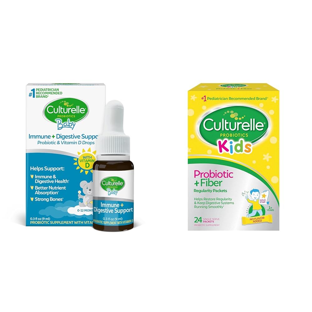 Culturelle Baby Immune & Digestive Υποστήριξη Probiotic + Βιταμίνη D σταγόνες, 30 ημέρες προσφοράς παιδιά Probiotic + Fiber πακέτα, 24 κόμης