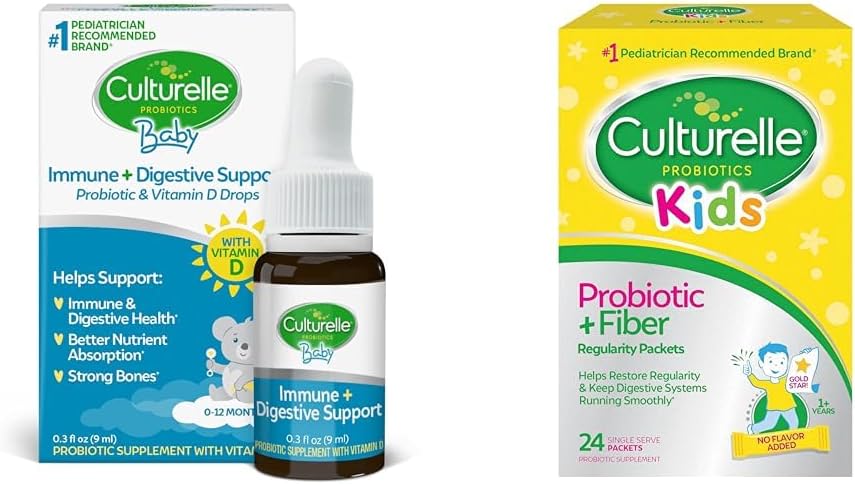 Culturelle Baby Immune & Digestive Support Probiyotik + Vitamin D Drops, 30 Day Supply Kids Probiyotik + Fiber Packets, 24 Count Count Count