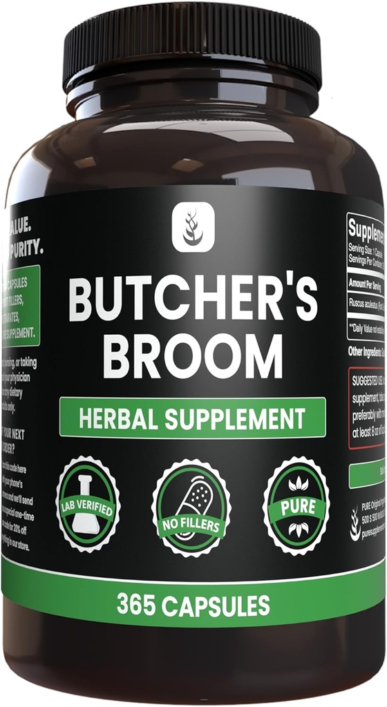 Pure Original Materialss Butcher's Broom (365 Capsules), No or Rice Fillers, Always Pure, Lab TY