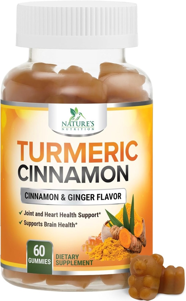 Turmeric Curcumin Supplement Gummies - Turmeric Ginger, Black Pepper For Best Abors, Nature's Vegan Ortak Destek, Non-GMO, Gluten Free, Tasty Cinnamon Flavor - 60 Gummies
