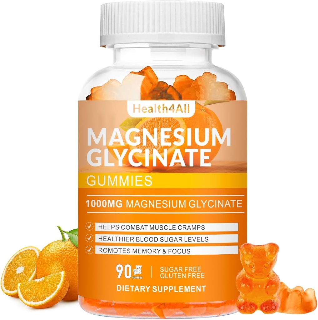 Glycinate Gummys Μαγνήσιο 1000mg, Υψηλής Απορρόφησης Χωρίς Ζάχαρη Μαγνήσιο Κάλιο συμπλήρωμα για χαλάρωση, ανακούφιση στρες και υποστήριξη ύπνου για ενήλικες & παιδιά - 90 Orange Gummies