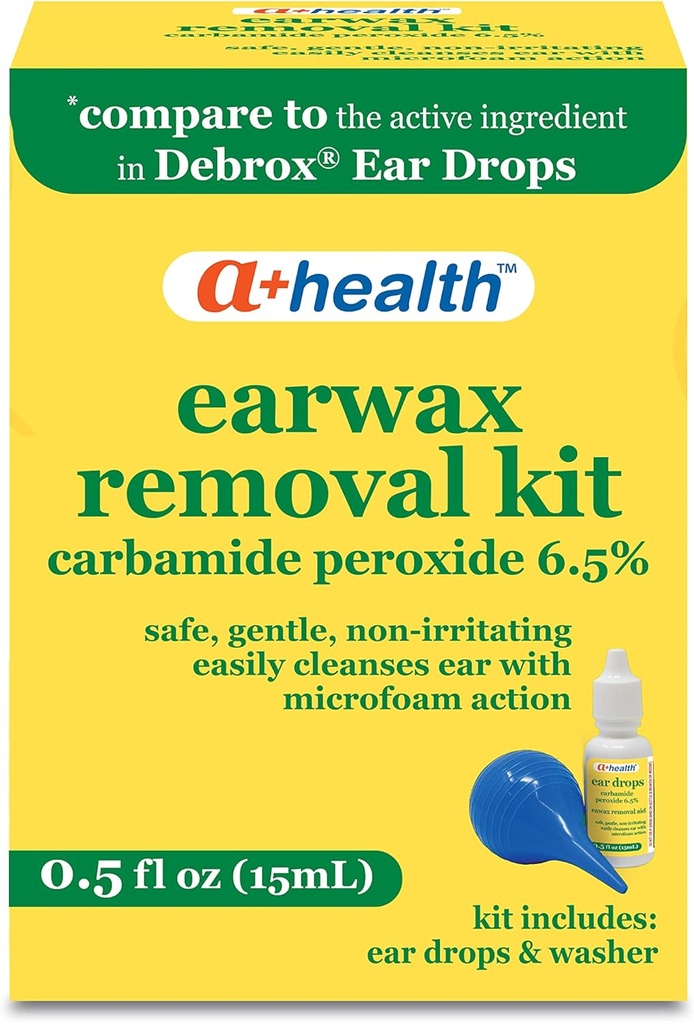A+Health Earwax Removal Kit, Carbamid Peroksi 6.5%, ABD'de Made, Drops ve Ear Bulbe, 0,5 Ounces